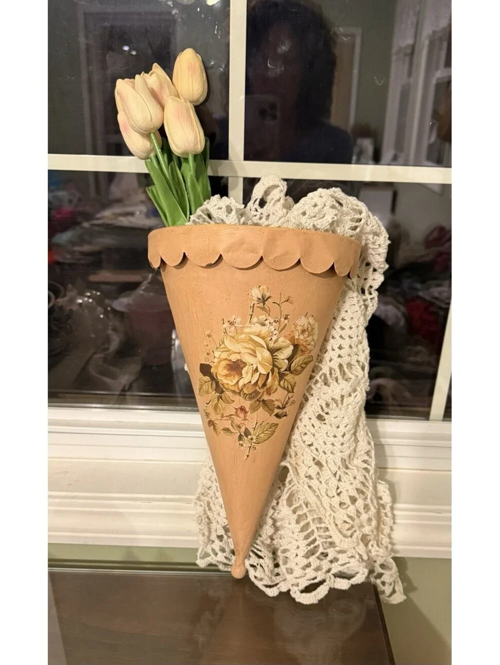Country Metal Tole Floral Tin Wall Pocket, vase, cottagecore wall pocket